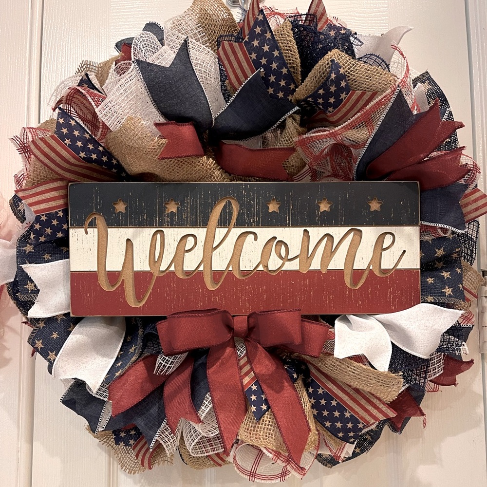 Patriotic WREATH “WELCOME” Red, White and Blue wreath 24” Memorial Day July 4th
